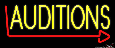 Yellow Auditions Arrow Real Neon Glass Tube Neon Sign
