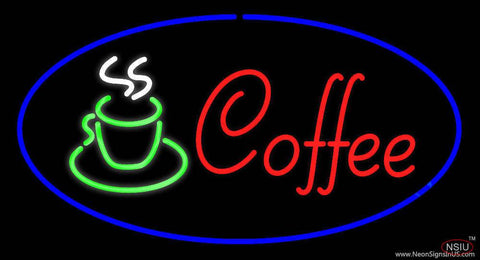Oval Red Coffee Logo with Blue Border Real Neon Glass Tube Neon Sign 