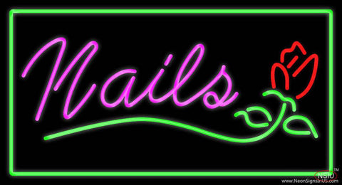 Pink Nails with Flower Logo Green Border Real Neon Glass Tube Neon Sign 