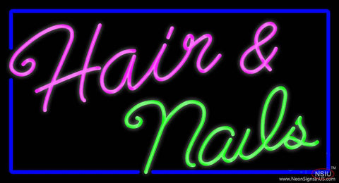 Cursive Hair and Nails with Blue Border Real Neon Glass Tube Neon Sign