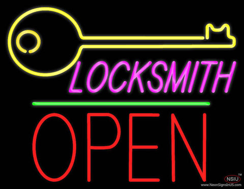 Locksmith Logo Block Open Green Line Real Neon Glass Tube Neon Sign