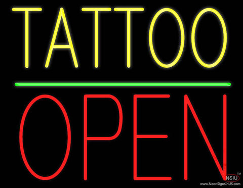 Yellow Tattoo Block Open Green Line Real Neon Glass Tube Neon Sign 