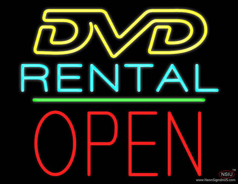 DVD Rental Open Block Green Line Real Neon Glass Tube Neon Sign