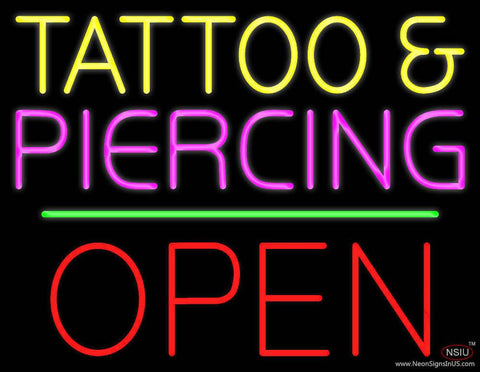 Tattoo and Piercing Block Open Green Line Real Neon Glass Tube Neon Sign 