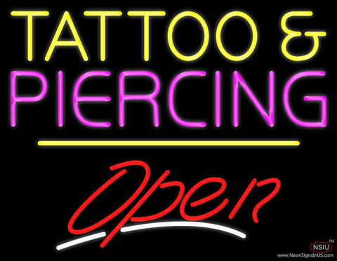 Tattoo and Piercing Open Yellow Line Real Neon Glass Tube Neon Sign 