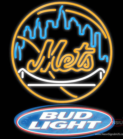 Bud Light Logo New York Mets MLB Real Neon Glass Tube Neon Sign 