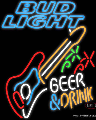 Bud Light Neon Beer And Drink GUITAR Real Neon Glass Tube Neon Sign 