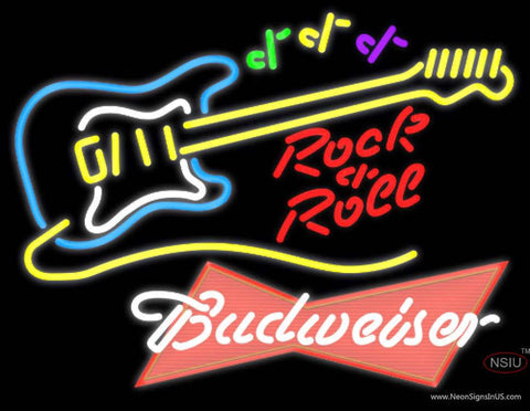 Budweiser Red Rock N Roll Yellow Guitar Real Neon Glass Tube Neon Sign