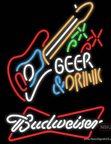 Budweiser White Beer And Drink Guitar Real Neon Glass Tube Neon Sign