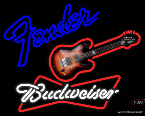 Budweiser White Fender Guitar Real Neon Glass Tube Neon Sign 