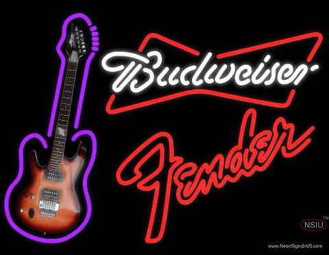 Budweiser White Fender Red Guitar Real Neon Glass Tube Neon Sign 