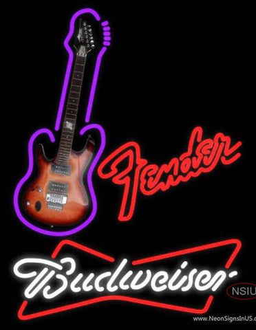 Budweiser White Red Fender Guitar Real Neon Glass Tube Neon Sign 