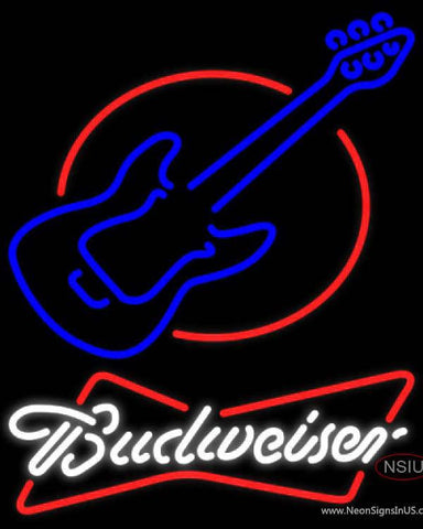 Budweiser White Red Round Guitar Real Neon Glass Tube Neon Sign 