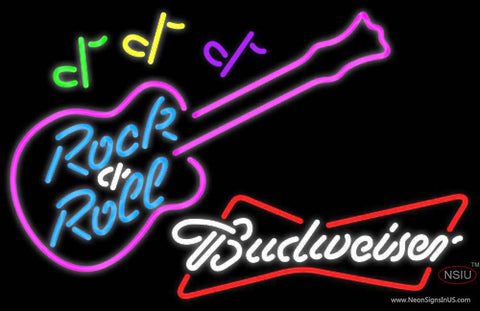 Budweiser White Rock N Roll Pink Guitar Real Neon Glass Tube Neon Sign 