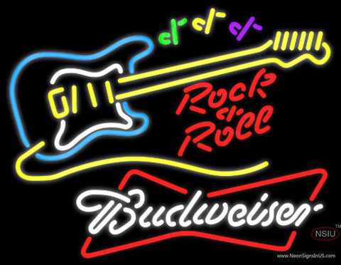 Budweiser White Rock N Roll Yellow Guitar Real Neon Glass Tube Neon Sign 