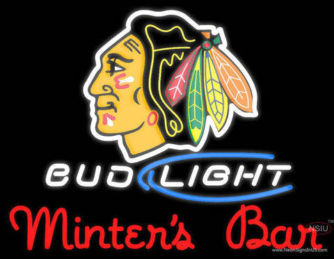 Custom Chicago Blackhawks Bud Light With Minters Bar Real Neon Glass Tube Neon Sign 