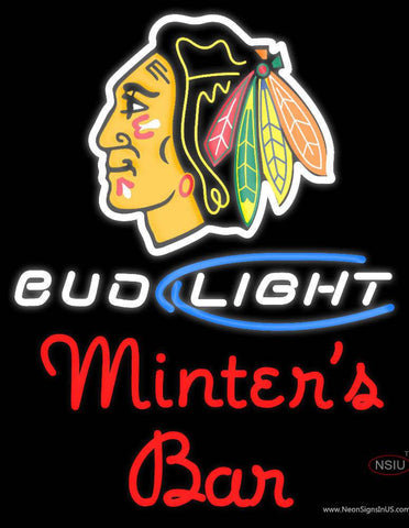 Custom Chicago Blackhawks Bud Light With Minters Bar Real Neon Glass Tube Neon Sign 