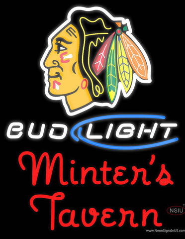 Custom Chicago Blackhawks Bud Light With Minters Tavern Real Neon Glass Tube Neon Sign 