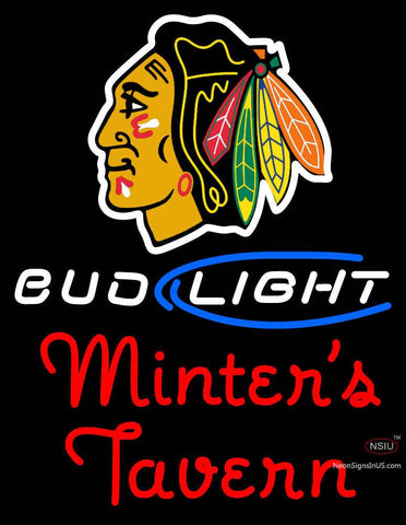 Custom Chicago Blackhawks Bud Light With Minters Tavern Neon Sign  