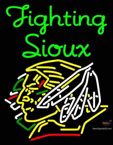 Custom Green Fighting Sioux With Logo Neon Sign  