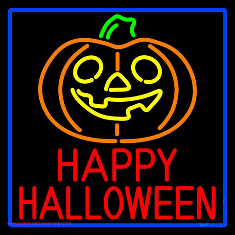 Happy Halloween Pumpkin With Blue Border Neon Sign