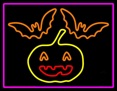 Pumpkin And Bats With Pink Border Neon Sign