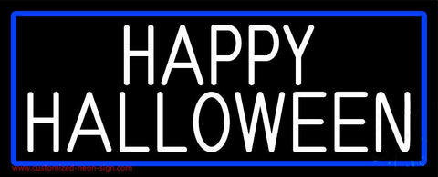 White Happy Halloween With Blue Border Neon Sign 