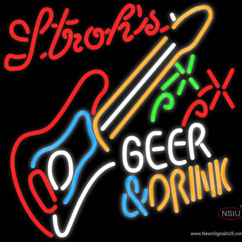 Strohs Beer And Drink Guitar Real Neon Glass Tube Neon Sign