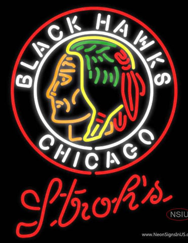 Strohs Commemorative  Chicago Blackhawks Hockey Real Neon Glass Tube Neon Sign