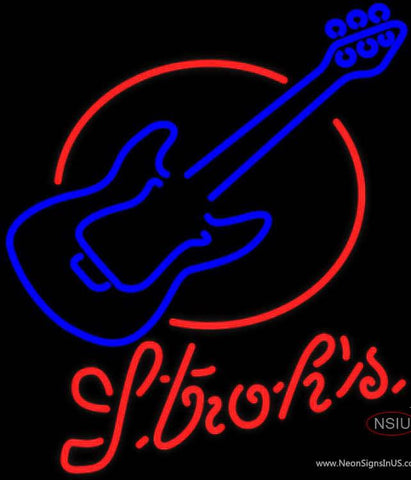 Strohs Red Round Guitar Real Neon Glass Tube Neon Sign