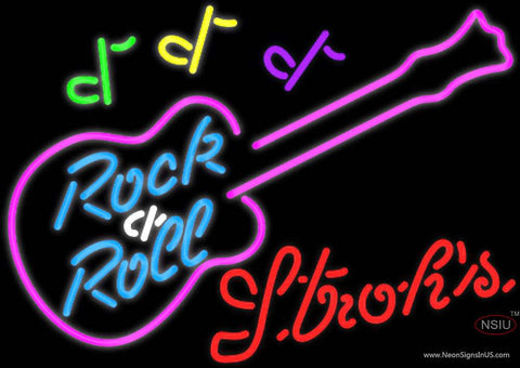 Strohs Rock N Roll Pink Guitar Real Neon Glass Tube Neon Sign 