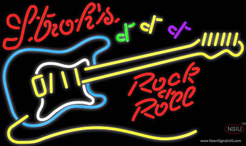 Strohs Rock N Roll Yellow Guitar Real Neon Glass Tube Neon Sign 